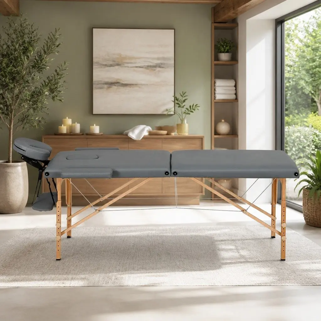 Massage Table Grey 56cm Portable 2 Fold Wooden Adjustable Height