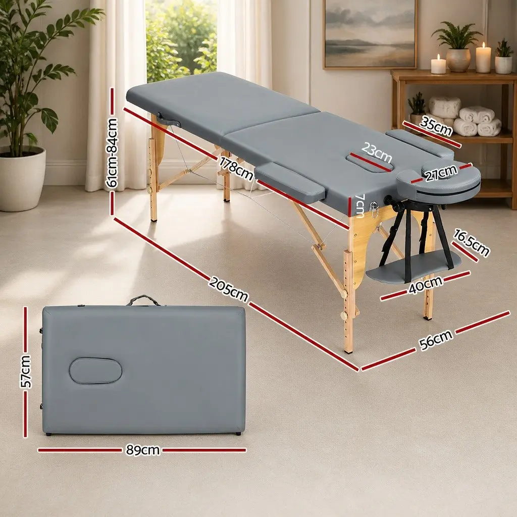 Massage Table Grey 56cm Portable 2 Fold Wooden Adjustable Height