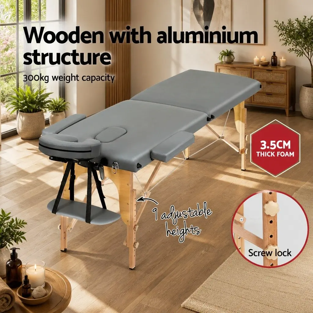 Massage Table Grey 56cm Portable 2 Fold Wooden Adjustable Height