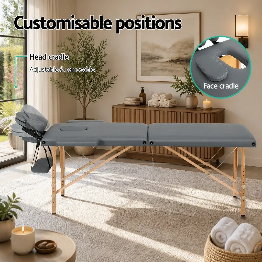 Massage Table Grey 56cm Portable 2 Fold Wooden Adjustable Height