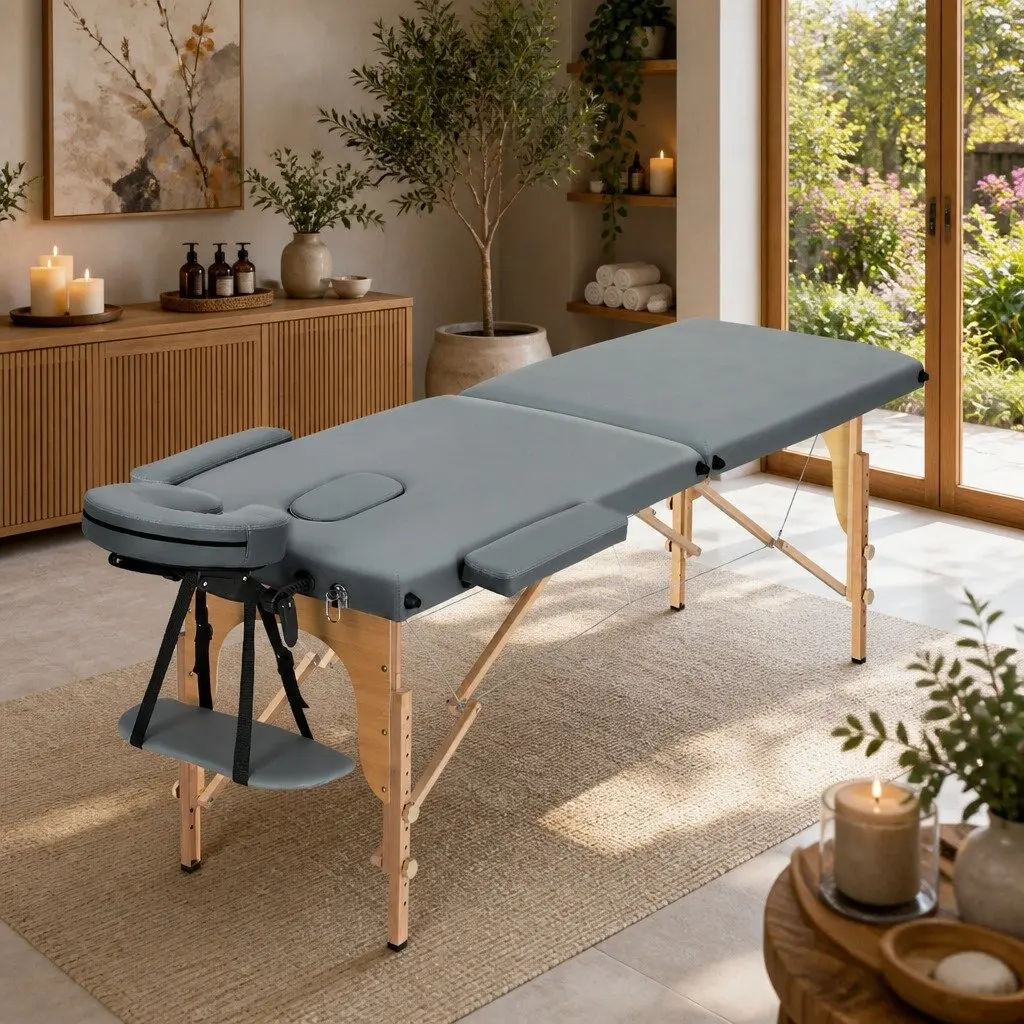 Massage Table Grey 56cm Portable 2 Fold Wooden Adjustable Height