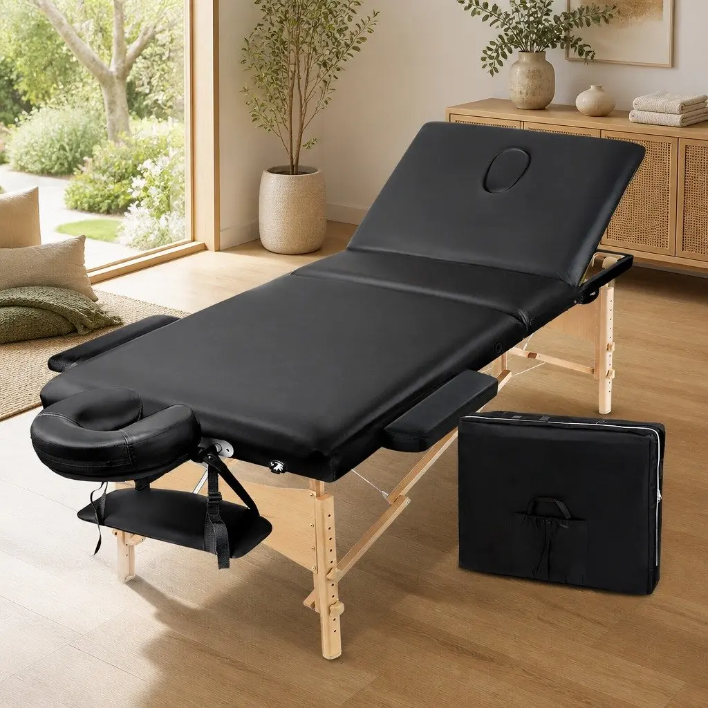 Portable Massage Table Black 60cm Wide 3 Fold Wooden Adjustable Height