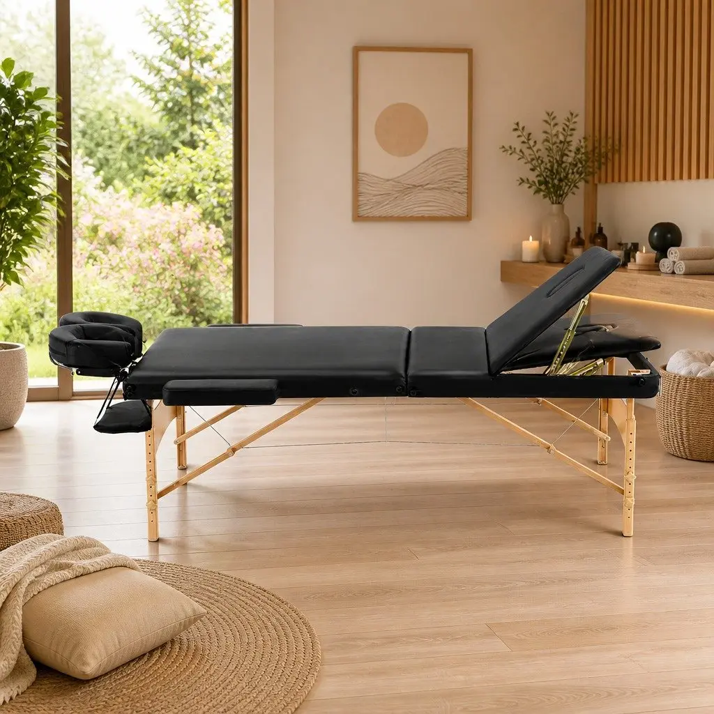 Portable Massage Table Black 60cm Wide 3 Fold Wooden Adjustable Height