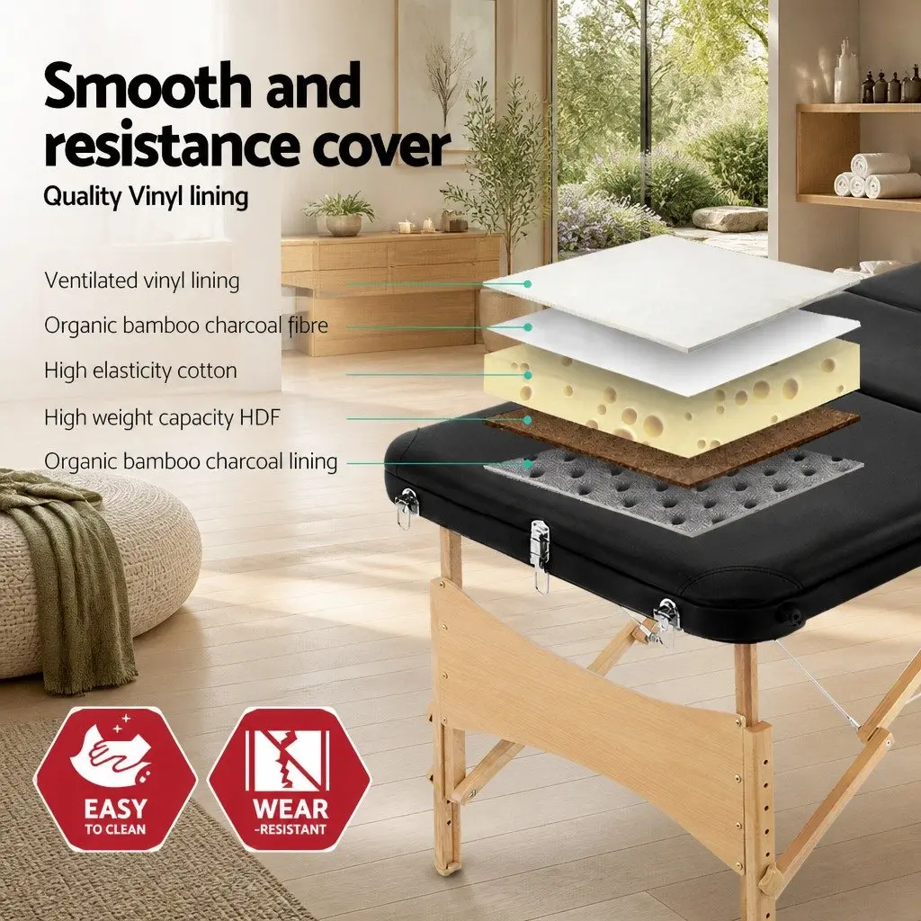 Portable Massage Table Black 60cm Wide 3 Fold Wooden Adjustable Height