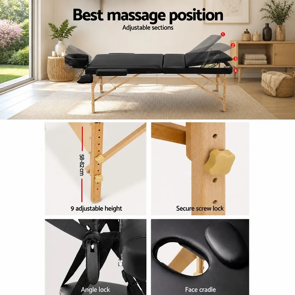Portable Massage Table Black 60cm Wide 3 Fold Wooden Adjustable Height