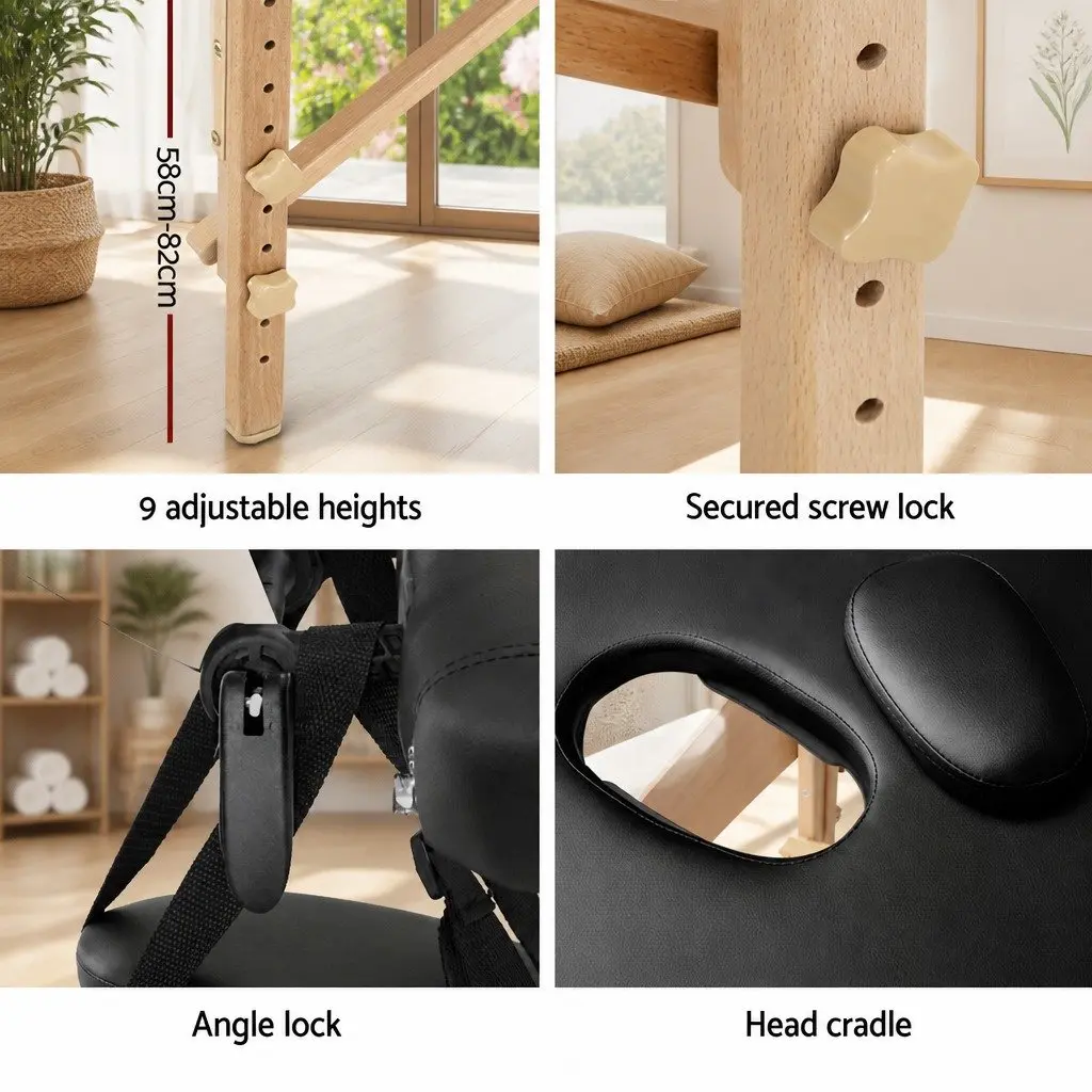 Portable Massage Table Black 60cm Wide 3 Fold Wooden Adjustable Height