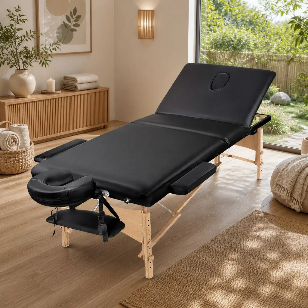 Portable Massage Table Black 60cm Wide 3 Fold Wooden Adjustable Height