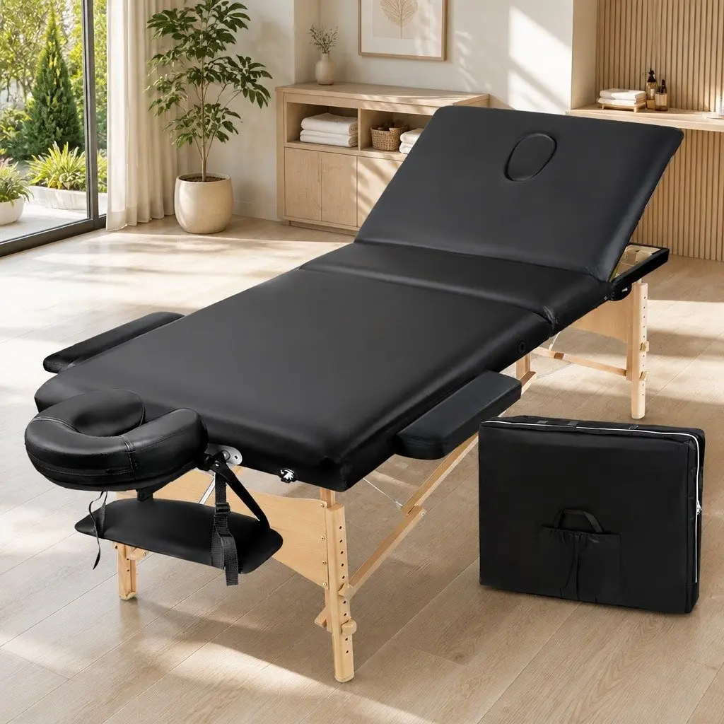Portable Wooden Massage Table Black 70cm 3 Fold Adjustable Height Professional Grade