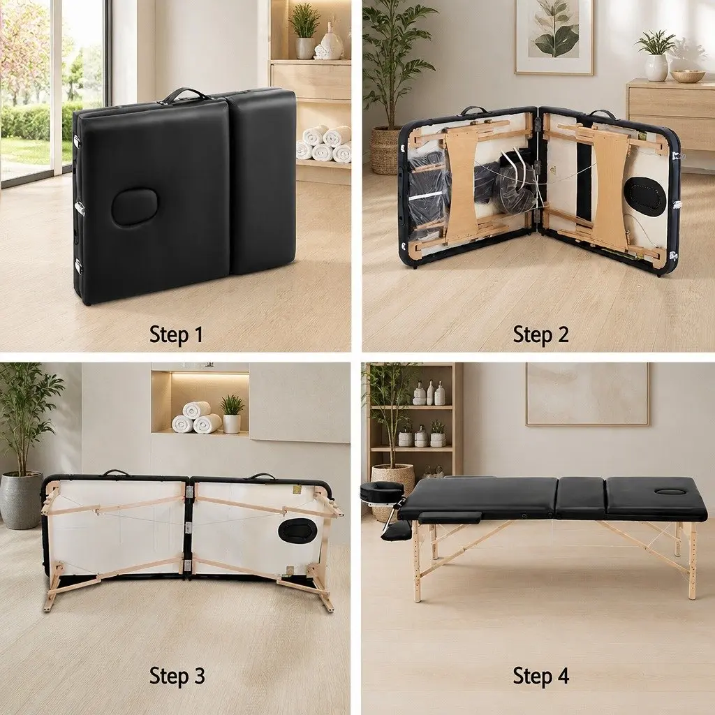 Portable Wooden Massage Table Black 70cm 3 Fold Adjustable Height Professional Grade
