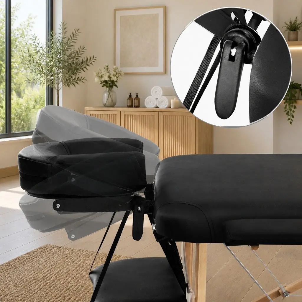 Portable Wooden Massage Table Black 70cm 3 Fold Adjustable Height Professional Grade