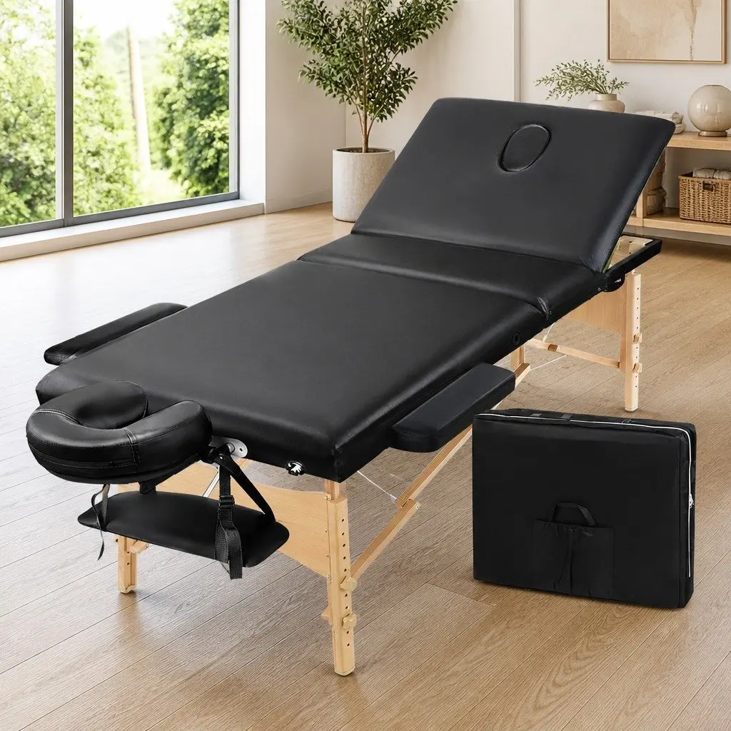 Portable Massage Table Black 75cm Wide 3 Fold Wooden Adjustable Height