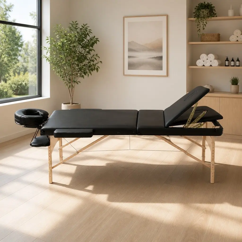Portable Massage Table Black 75cm Wide 3 Fold Wooden Adjustable Height