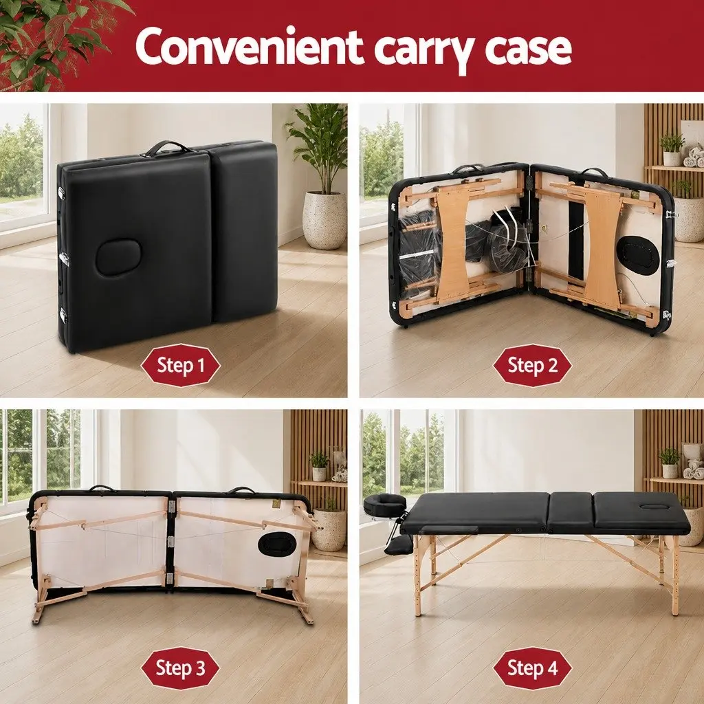 Portable Massage Table Black 75cm Wide 3 Fold Wooden Adjustable Height
