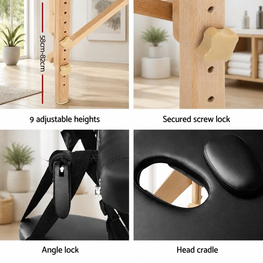 Portable Massage Table Black 75cm Wide 3 Fold Wooden Adjustable Height