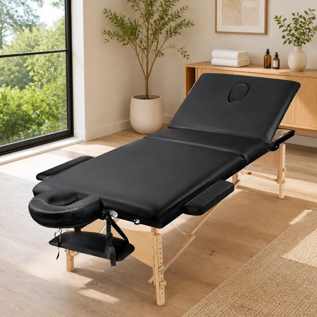 Portable Massage Table Black 75cm Wide 3 Fold Wooden Adjustable Height