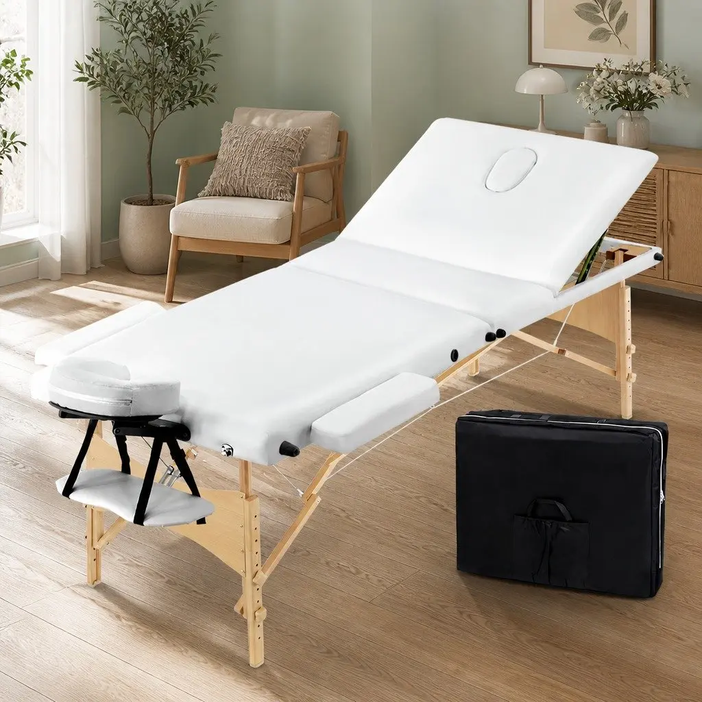Portable Massage Table White 70cm Adjustable Height Wooden 3 Fold