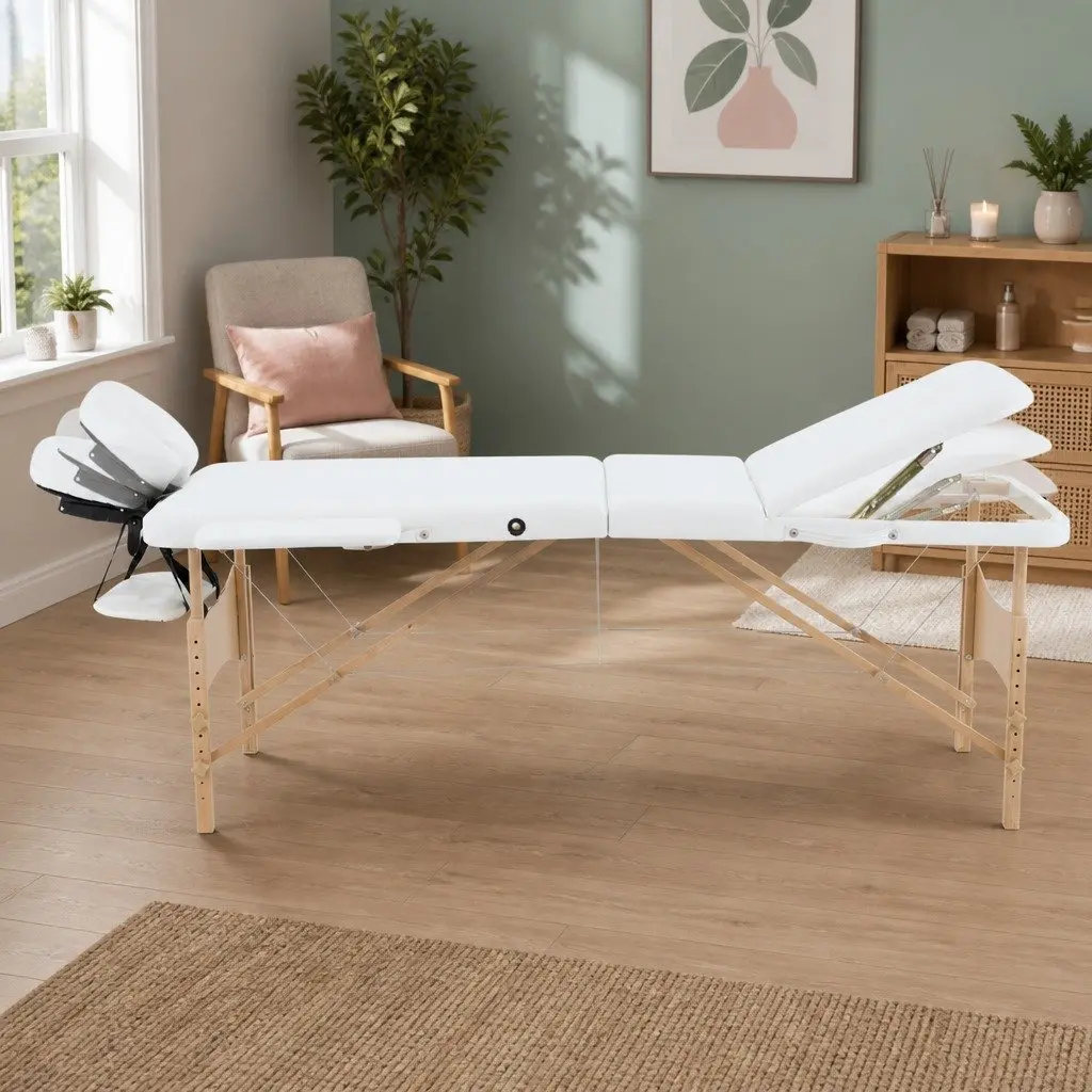 Portable Massage Table White 70cm Adjustable Height Wooden 3 Fold