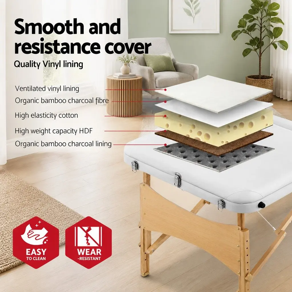 Portable Massage Table White 70cm Adjustable Height Wooden 3 Fold