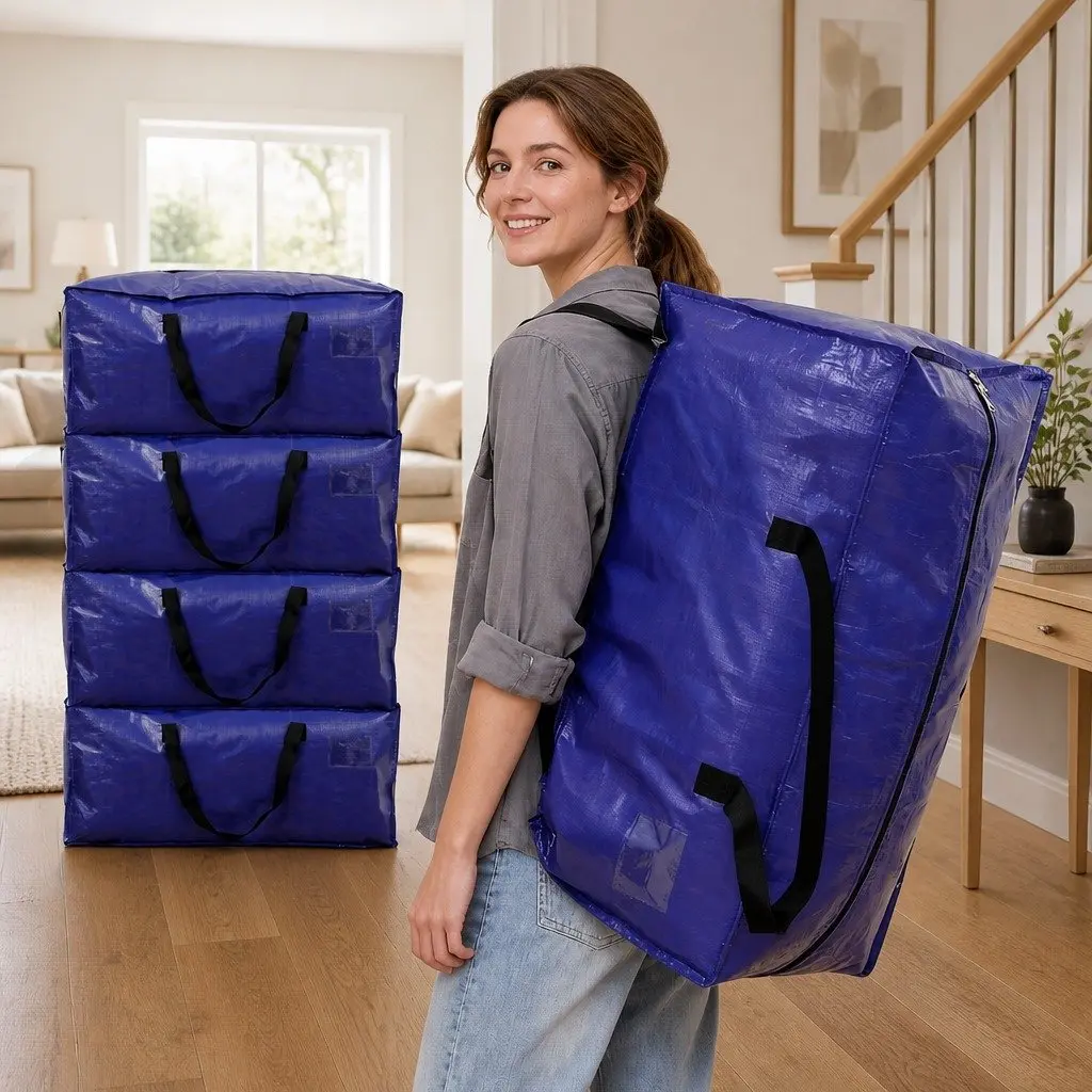 Moving Bags Blue Large Heavy Duty Waterproof Storage Totes with Backpack Straps 5 Pack