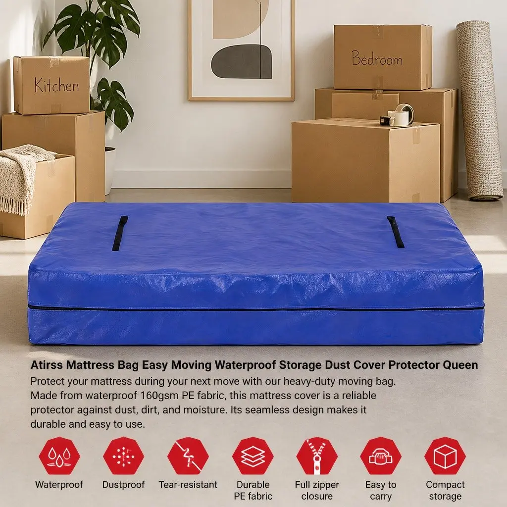 Queen Mattress Bag Blue Waterproof Dust Cover Protector 3-Sided Zipper