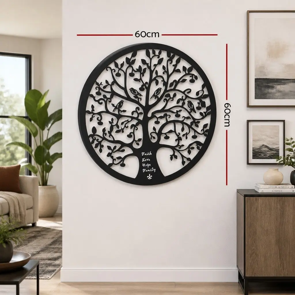 Metal Wall Art Hanging Sculpture Tree of Life Round Frame Home Decor Black