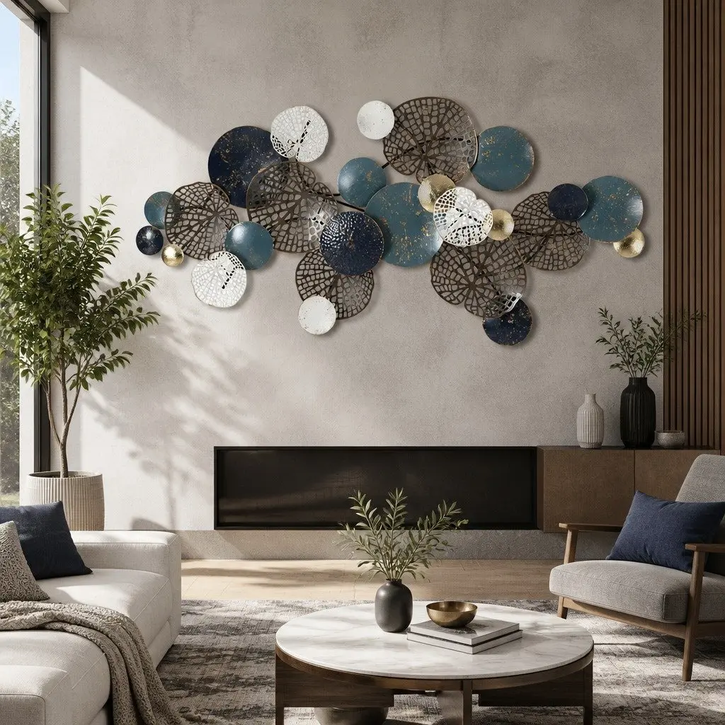 Metal Wall Art Sculpture Multi-coloured 132cm Tree Leaf Circles 3D Home Decor