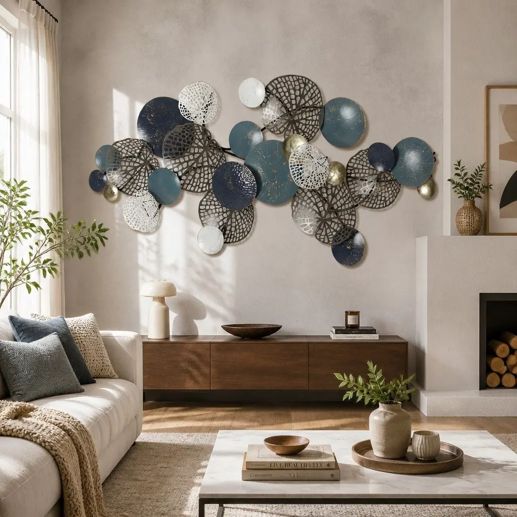 Metal Wall Art Sculpture Multi-coloured 132cm Tree Leaf Circles 3D Home Decor