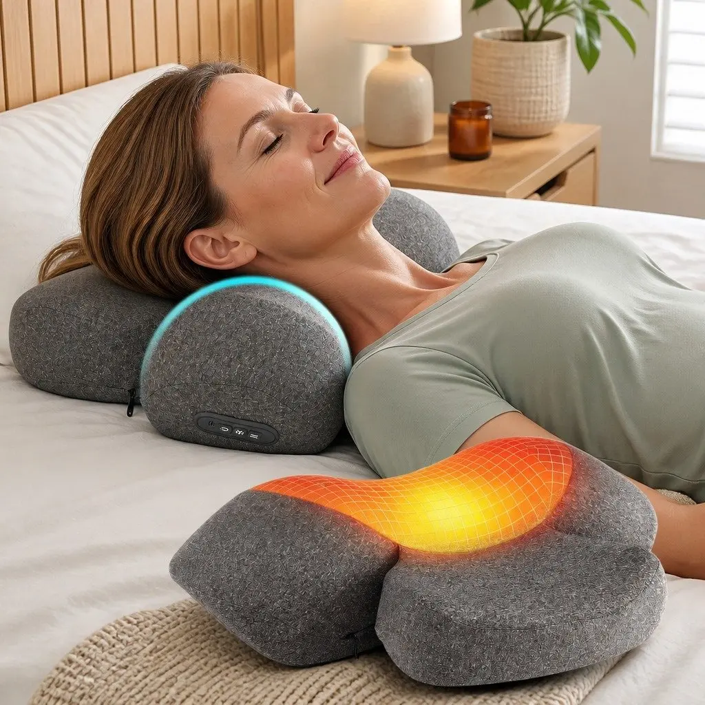 Neck Massager Pillow Grey 2-in-1 Memory Foam Ergonomic Support with Heat and Vibration Therapy