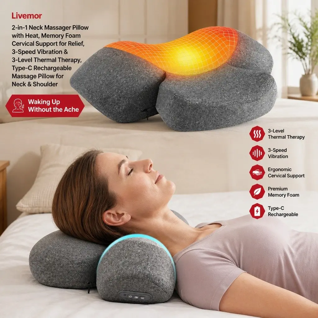 Neck Massager Pillow 2-in-1 Memory Foam Cervical Support Heat Vibration Therapy
