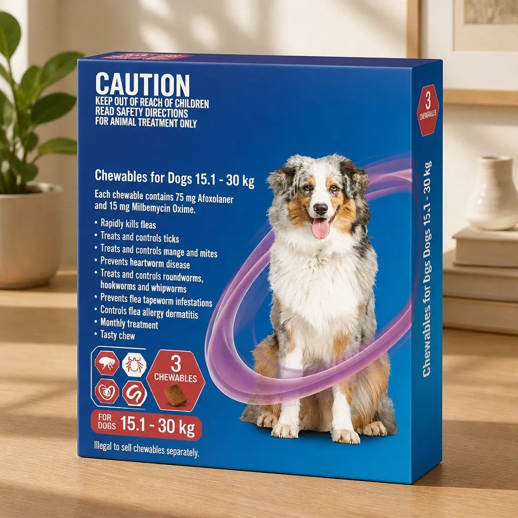 Dog Chews 15.1-30kg Beef Flavoured Monthly Parasite Treatment 3pk