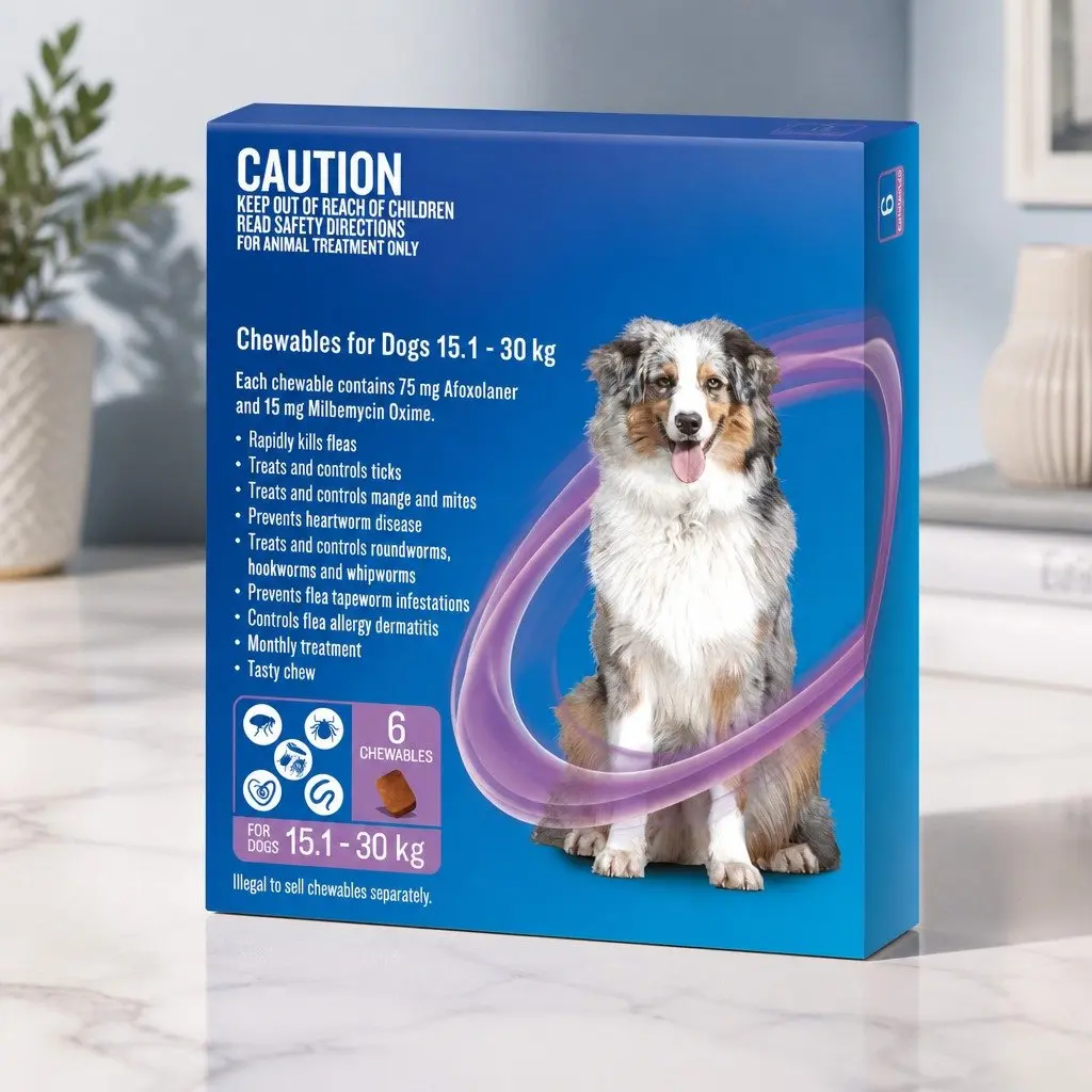 Dog Chews Beef 15.1-30kg Monthly Flea Tick Worm Heartworm Treatment 6pk