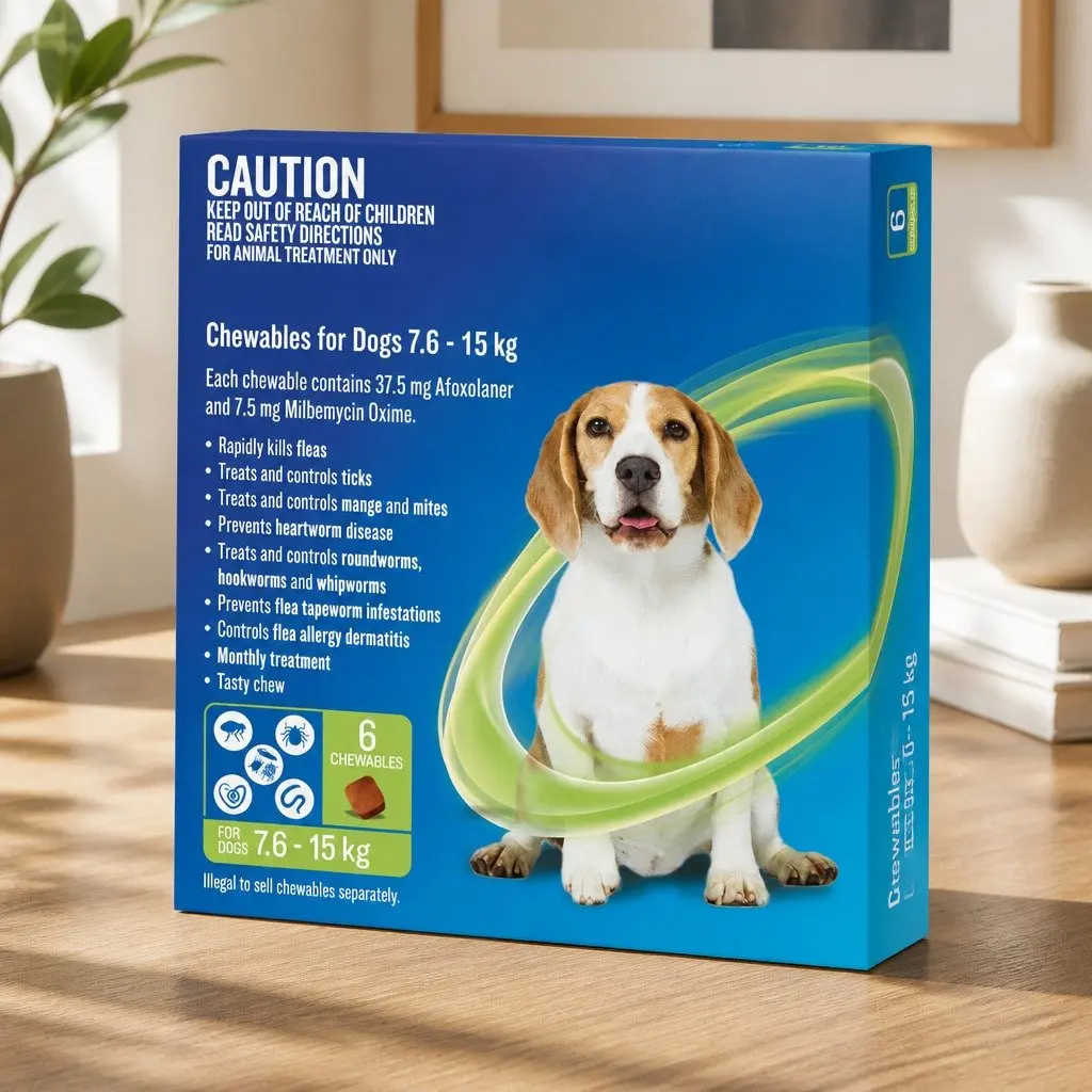 Medium Dog Chews Beef Flavoured 7.6-15kg Broad Spectrum Flea Tick Worm Protection 6 Pack