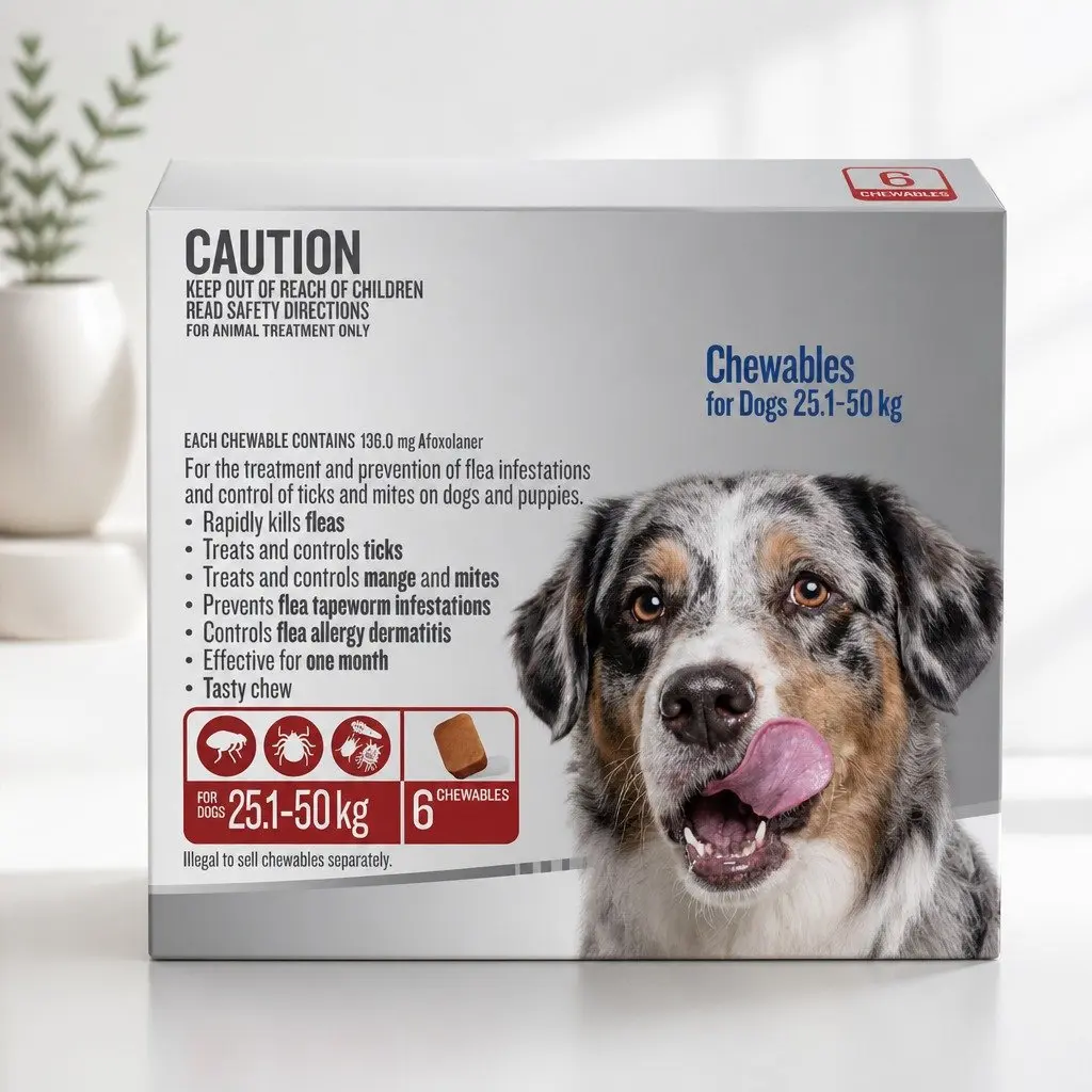 Flea and Tick Chewable Tablets Red for XLarge Dogs 25.1-50kg 6 Pack
