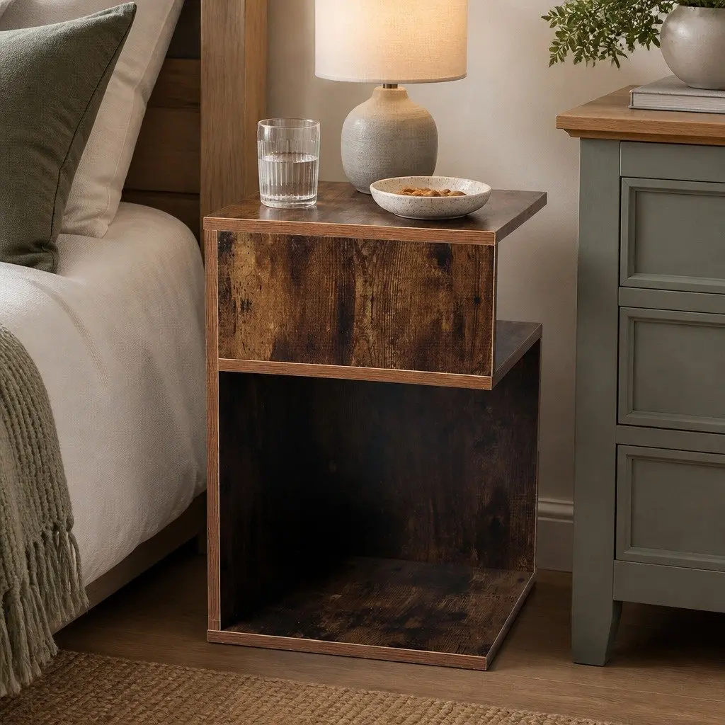 Bedside Table Oak Industrial Style Storage Nightstand