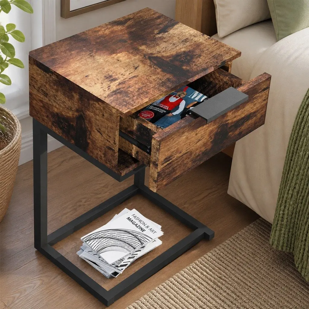 Bedside Table Oak 35cm x 27cm x 50cm Industrial Style with Slide-out Drawers
