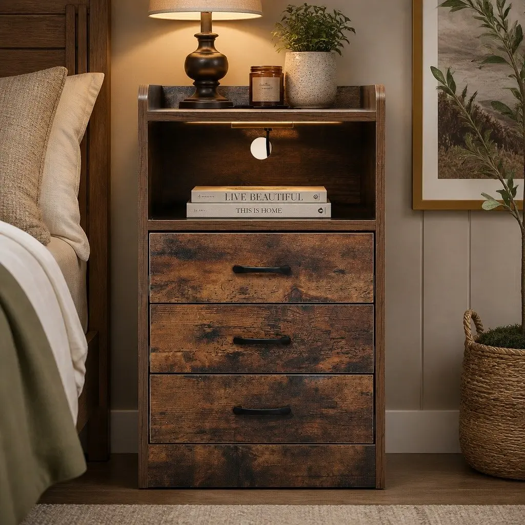 Bedside Table Oak 40cm with LED Light USB Charger Outlet 3 Drawers