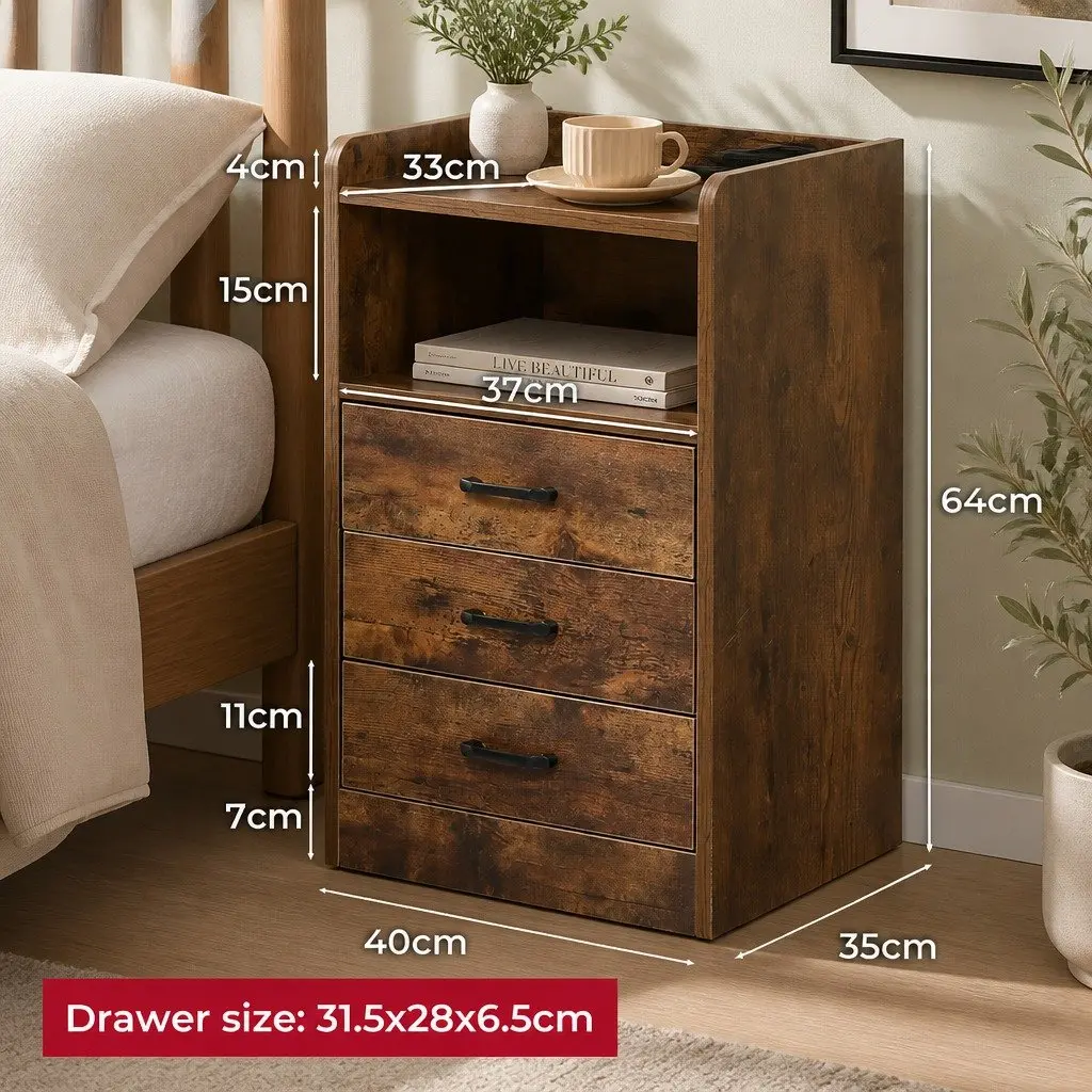 Bedside Table Oak 40cm with LED Light USB Charger Outlet 3 Drawers