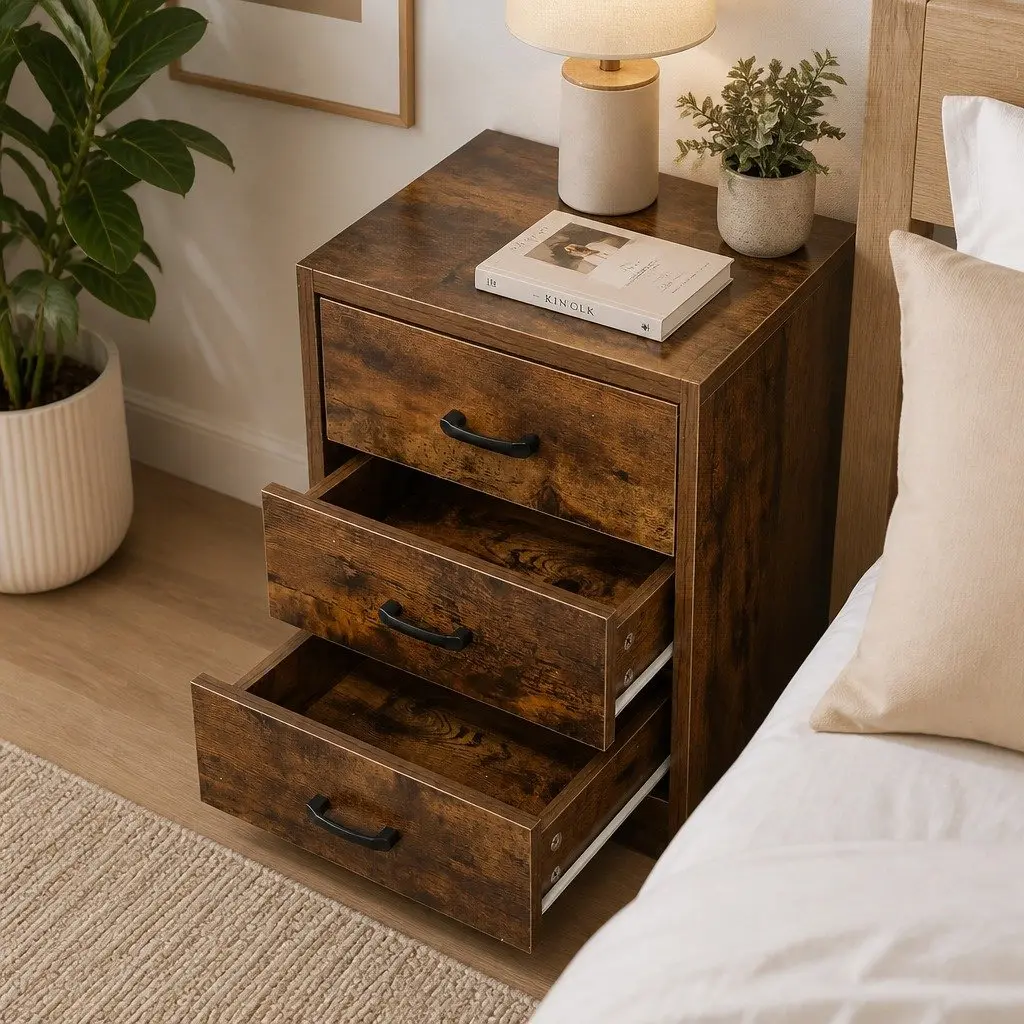 Bedside Table Oak 40cm with LED Light USB Charger Outlet 3 Drawers
