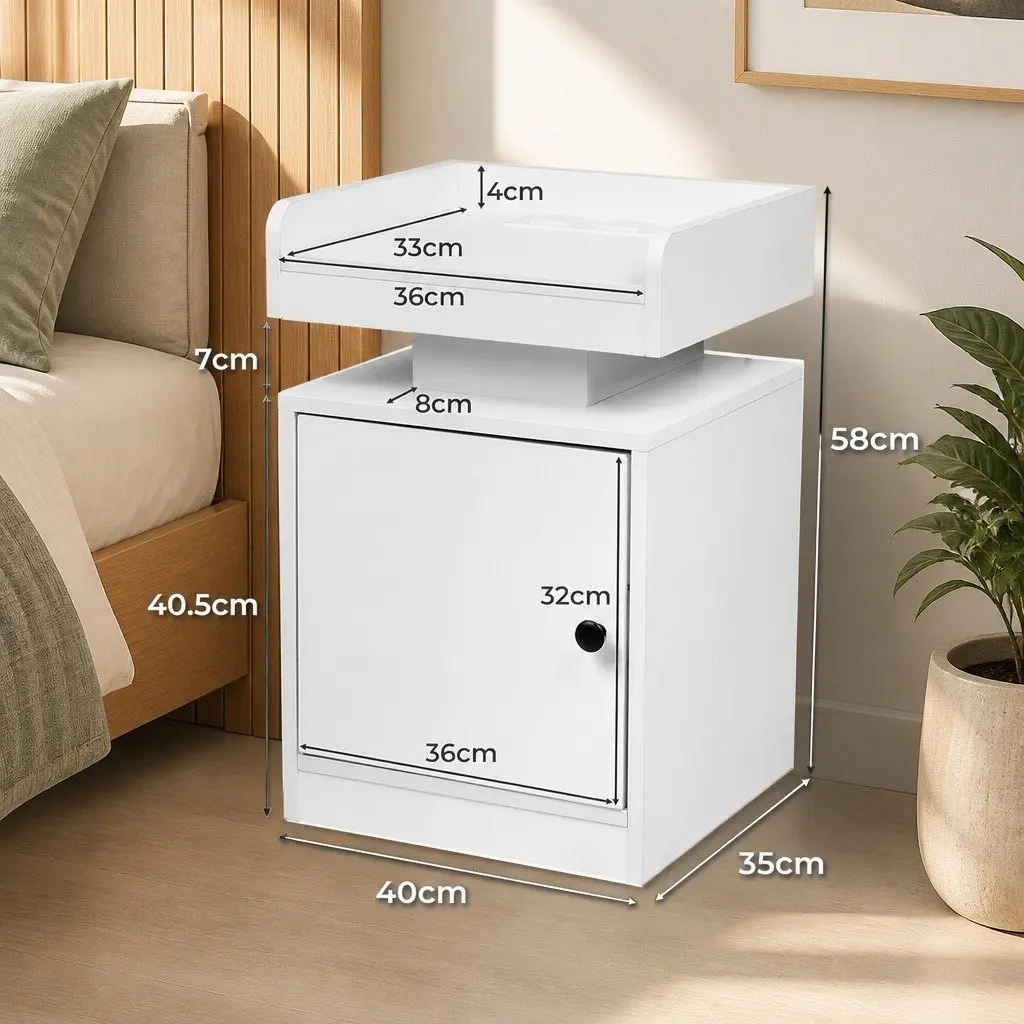 Bedside Table White 40cm x 35cm x 58cm USB Charger RGB LED Lights Storage
