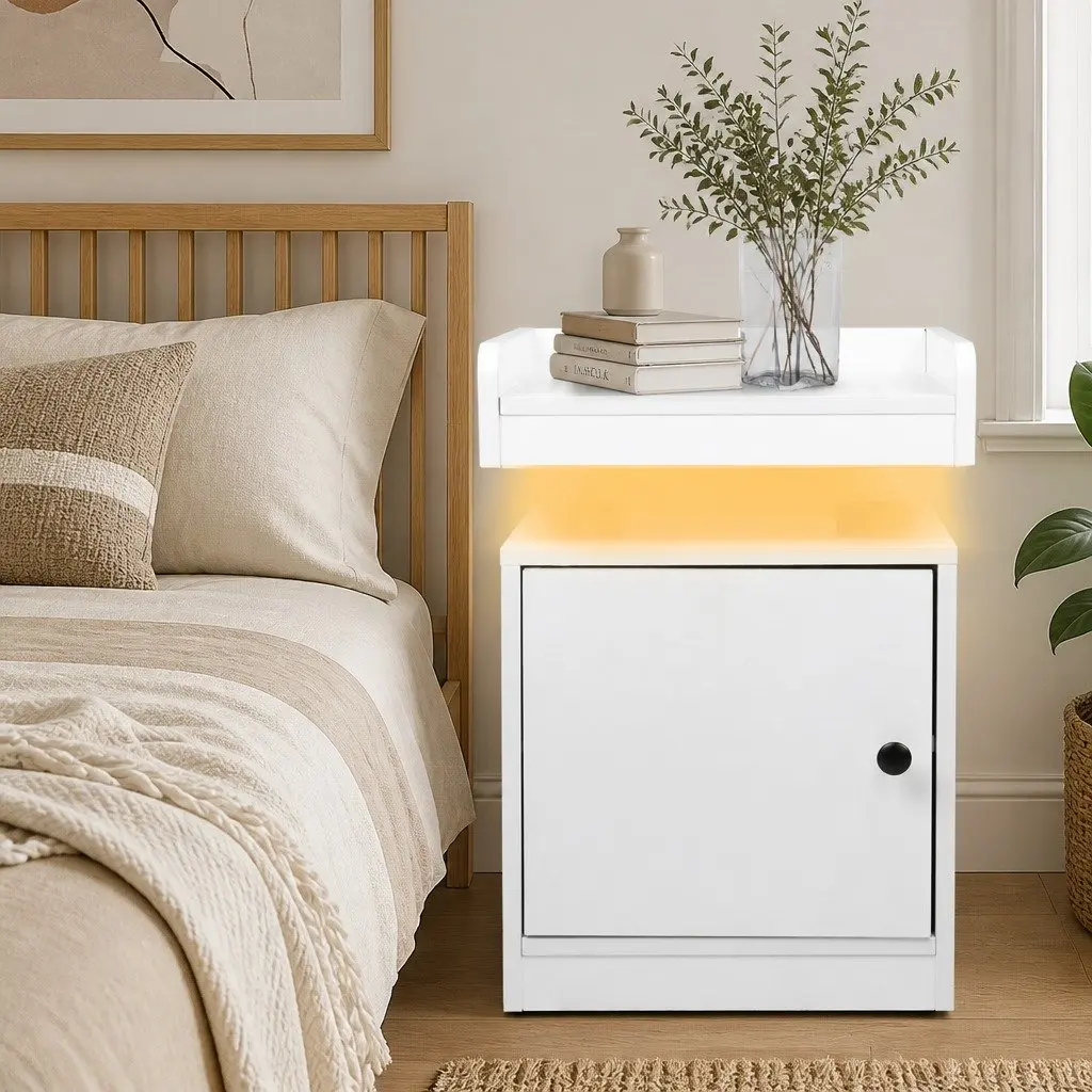 Bedside Table White 40cm x 35cm x 58cm USB Charger RGB LED Lights Storage