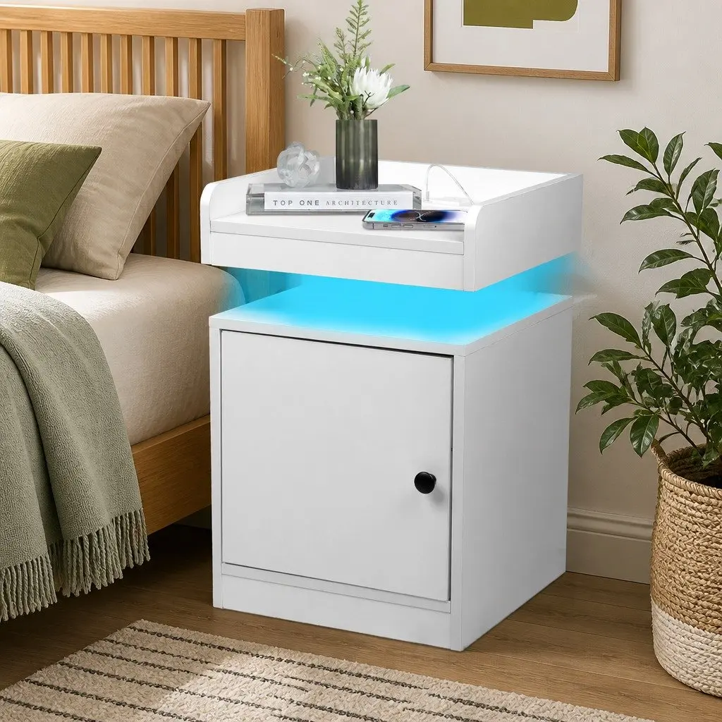 Bedside Table White 40cm x 35cm x 58cm USB Charger RGB LED Lights Storage