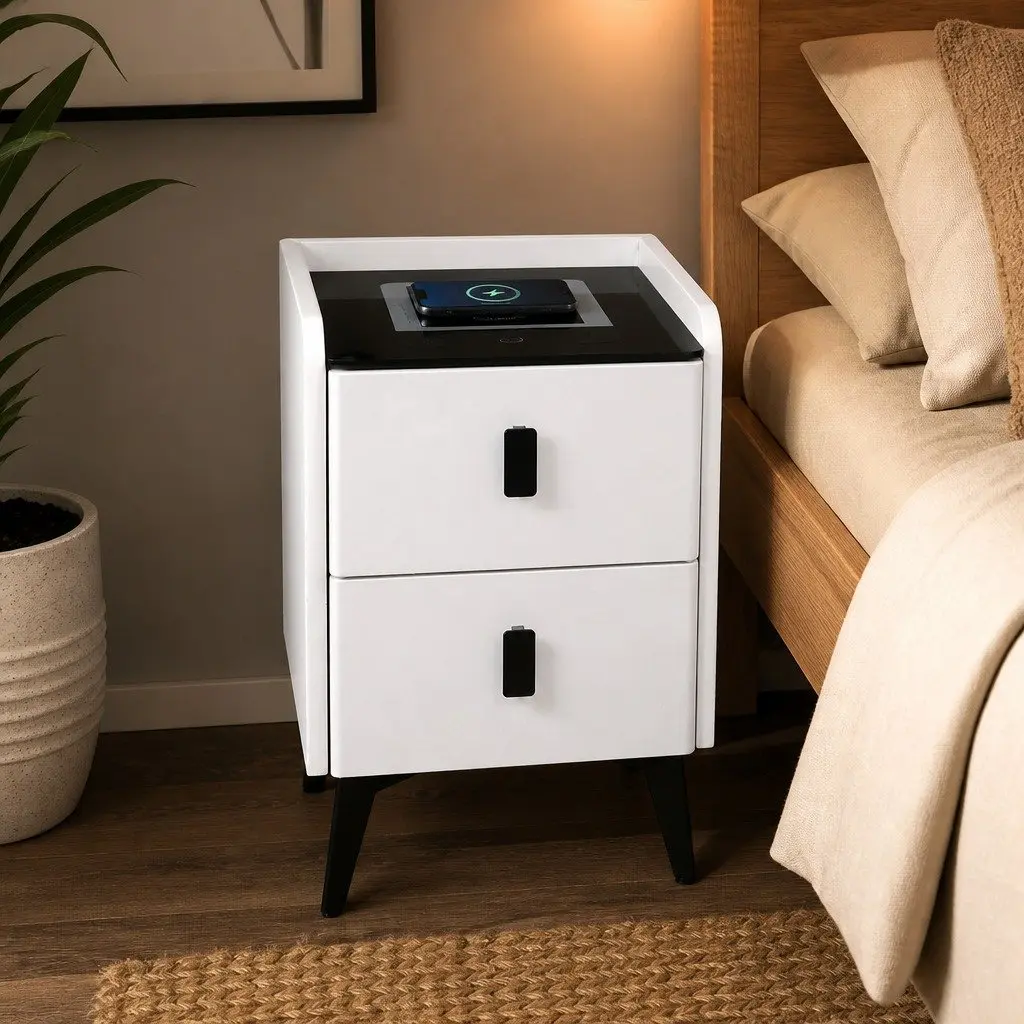 Bedside Table White 30cm x 40cm x 46cm with LED Lights Wireless Charging USB Ports Drawers Storage