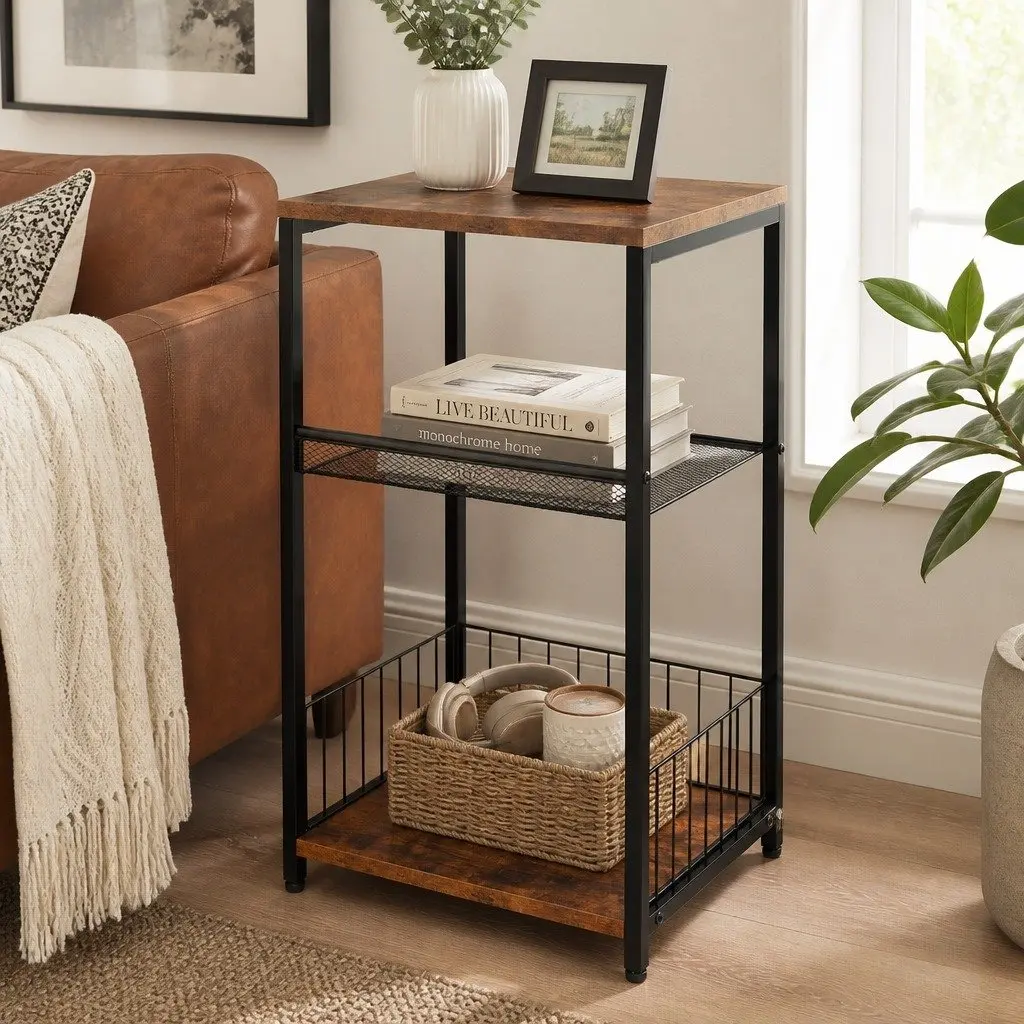 3-Tier Side Table Storage Shelf Bedroom End Table Compact Modern Design