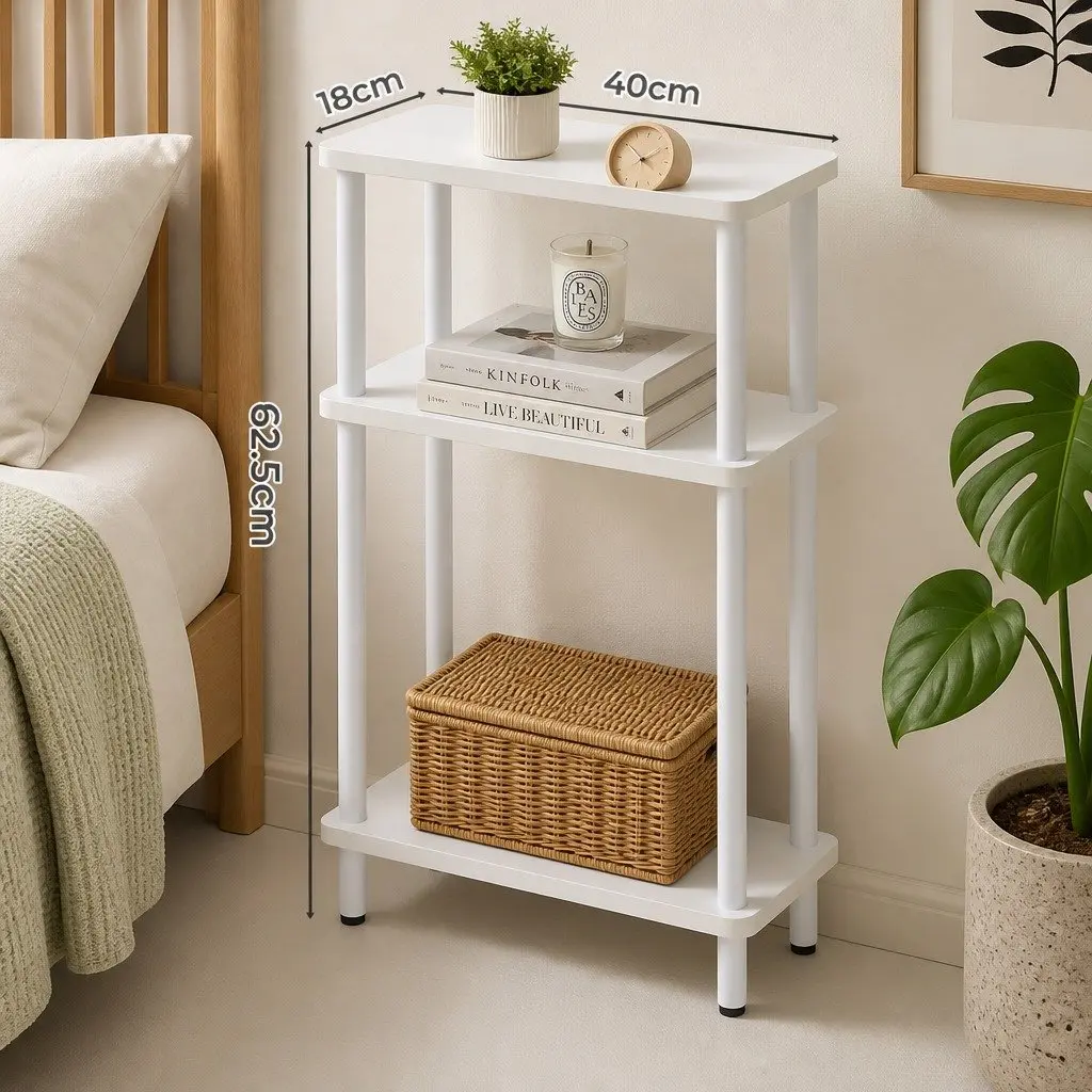3-Tier Side Table Modern Storage Bedside Narrow Compact White Minimalist Design