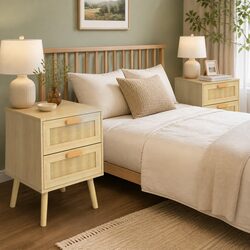 Compact and Stylish Wooden Nightstands with Rattan Drawers