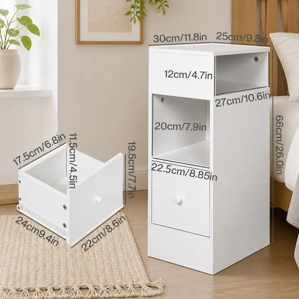 Bedside Table with Two Shelves and Drawer