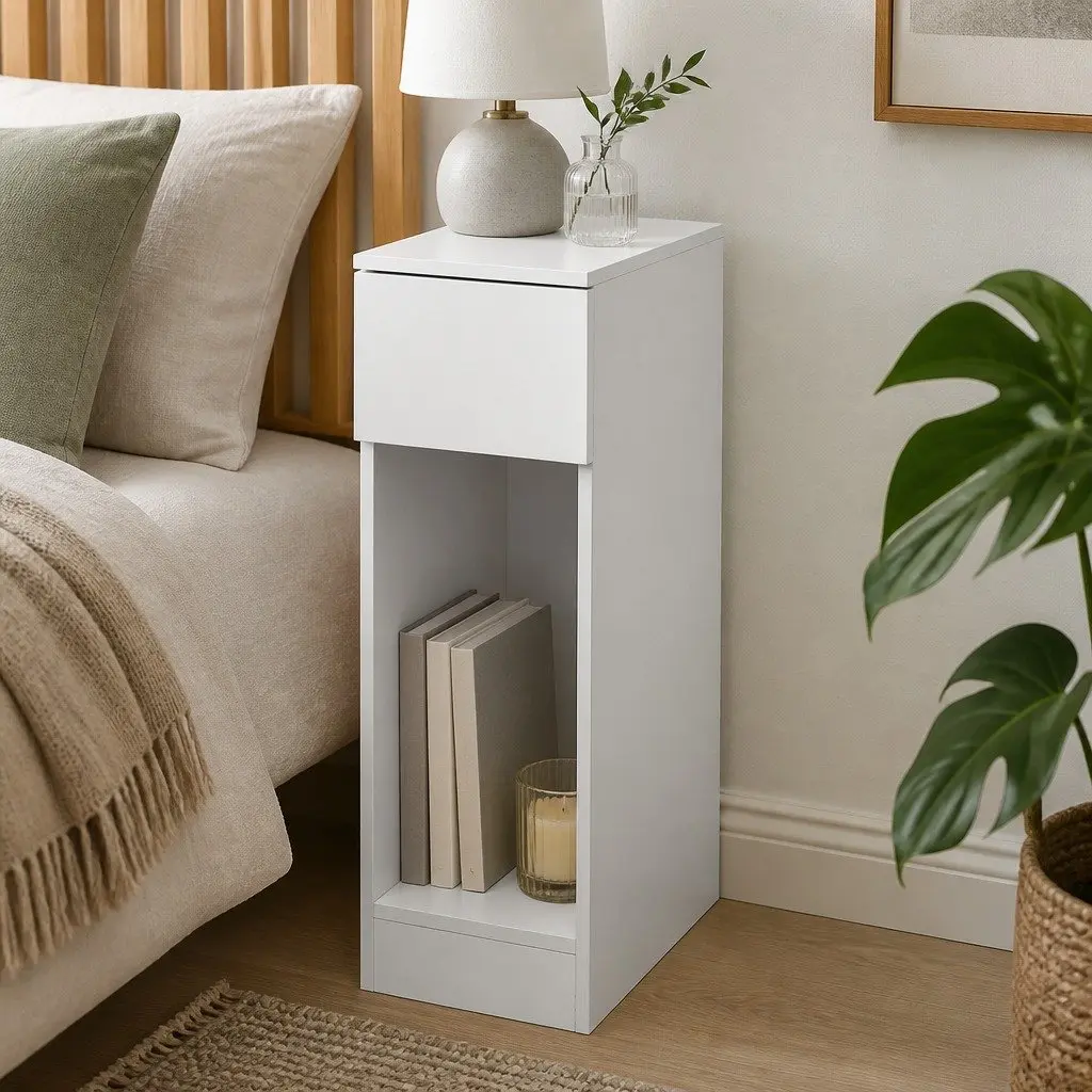 Slim Bedside Table with Drawer and Shelf