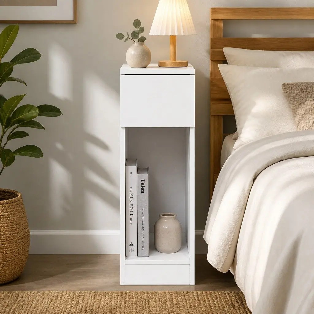 Slim Bedside Table with Drawer and Shelf