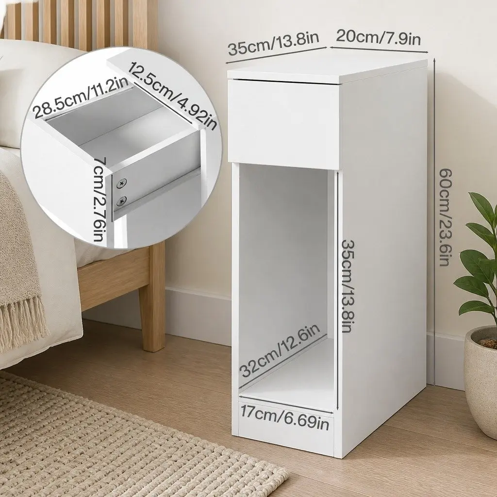 Slim Bedside Table with Drawer and Shelf