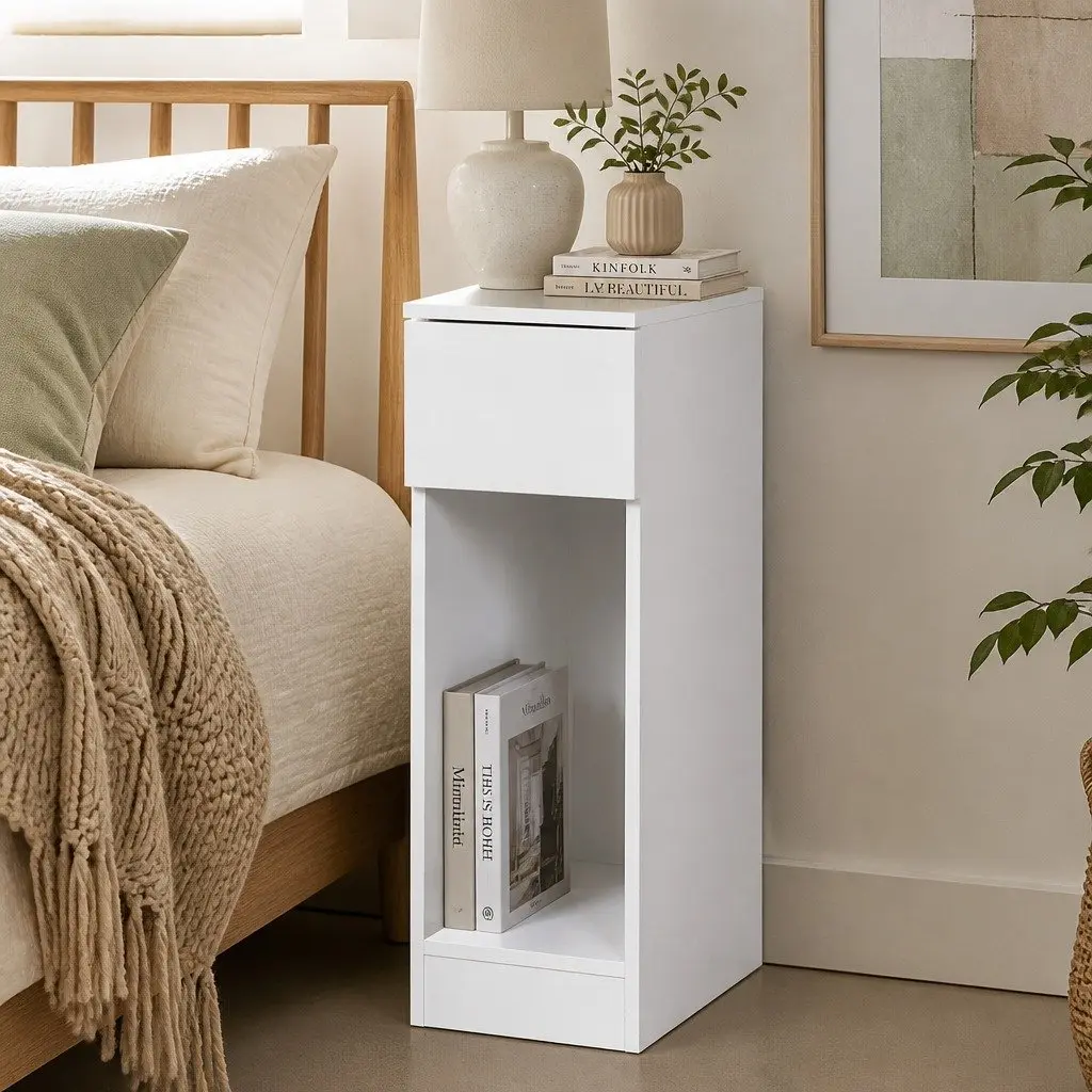 Slim Bedside Table with Drawer and Shelf
